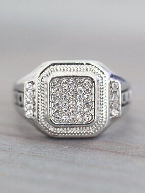 Mens Ring Domino Style with CZ Stones Elegant Fashion Ring Silver Plated